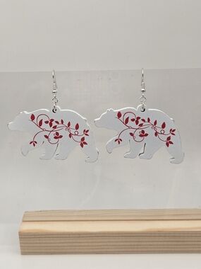 White Bear Dangle Earrings with Red Floral Motif